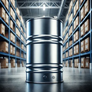 DALL·E 2025-02-10 11.05.05 - A high-quality new metal oil drum, industrial-grade, with a durable and secure design. The drum is metallic silver or blue, with a tightly sealed lid,